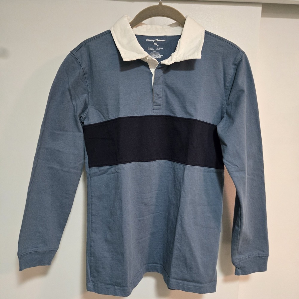 Tommy Bahama Boys XL‎ (14) Blue 100% Cotton Long Sleeve Rugby Polo Shirt EUC